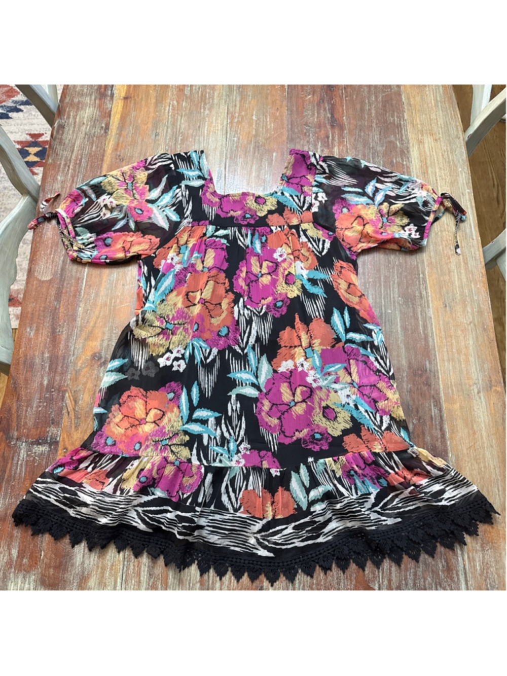 Rapsodia Boho Mixed Print Mini Dress Square Neck Crochet Lace Small Whimsy